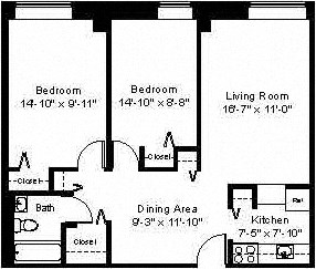 Floor plan for 2 beds, 1 bath, 780 sqft